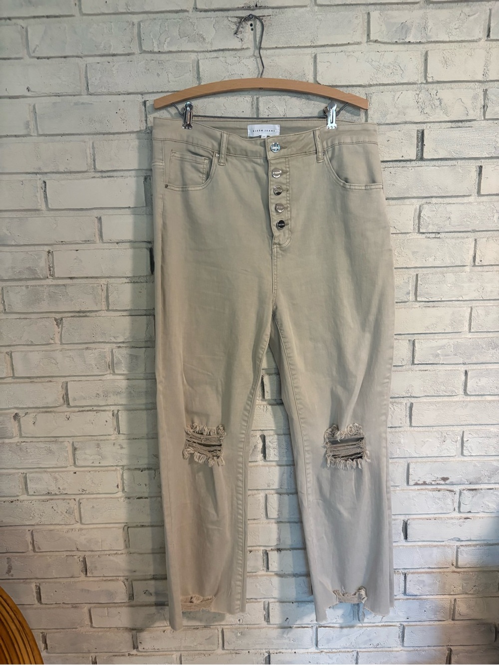 Beige Distressed Button-Fly Ankle Jeans